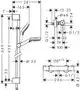 Hansgrohe Brausesystem mit Thermostat und Brausestange, inklusive schematischer Darstellung der Maße und Anschlussdetails. Funktionales Design ohne Dekoration.